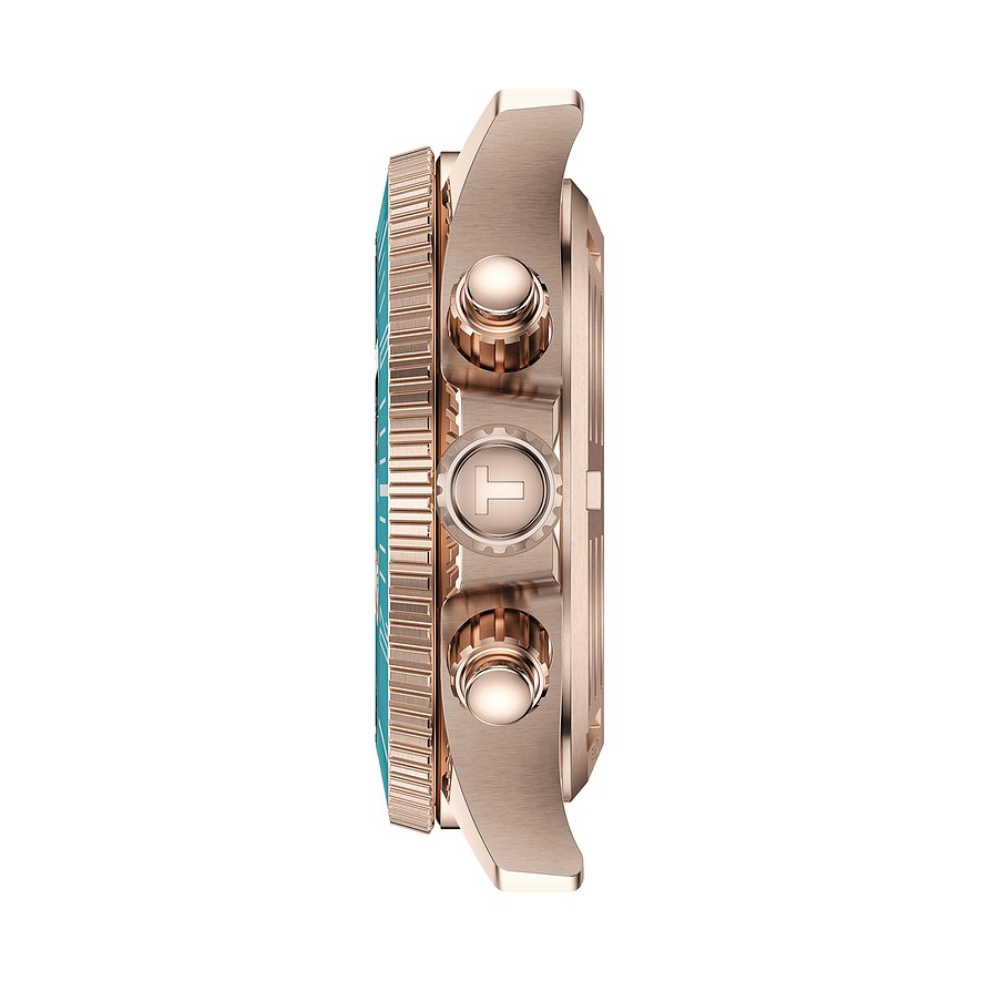 Seitenansicht einer Tissot Unisex-Uhr aus roségoldfarbenem Edelstahl mit türkiser Lünette und Chronographendrückern.