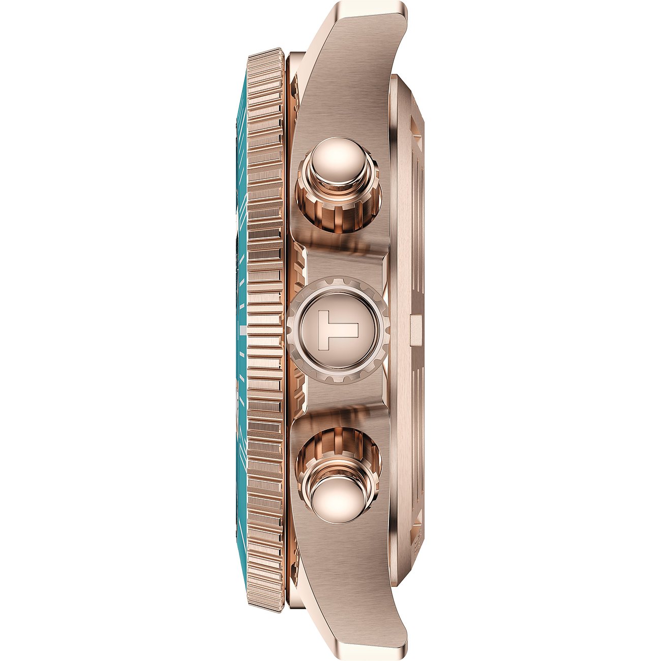 Seitenansicht einer Tissot Unisex-Uhr aus roségoldfarbenem Edelstahl mit türkiser Lünette und Chronographendrückern.