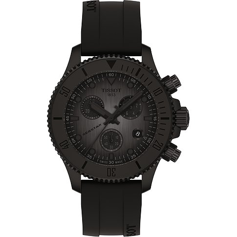Tissot Unisexuhr aus Edelstahl mit dunklem Zifferblatt, Chronographen-Funktion und schwarzem Kautschukarmband.