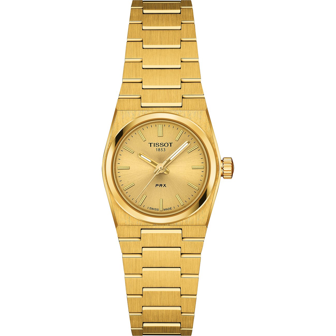 Tissot Damenuhr aus goldfarbenem Edelstahl mit passendem Armband und rundem Zifferblatt.