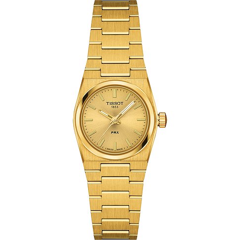 Tissot Damenuhr aus goldfarbenem Edelstahl mit passendem Armband und rundem Zifferblatt.