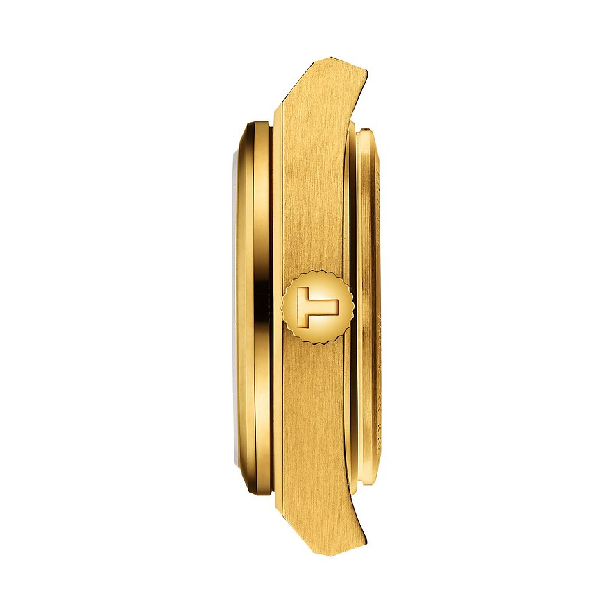 Seitenansicht einer goldenen Tissot Damenuhr aus Edelstahl mit sichtbarer Krone auf weißem Hintergrund.