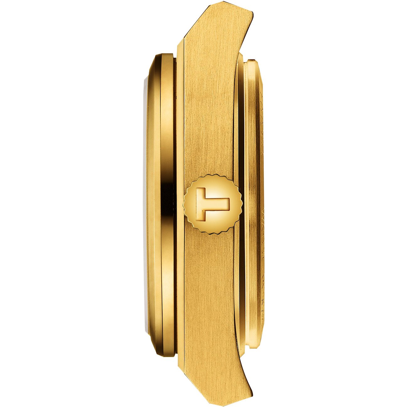 Seitenansicht einer goldenen Tissot Damenuhr aus Edelstahl mit sichtbarer Krone auf weißem Hintergrund.