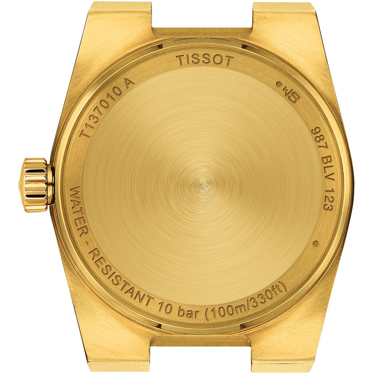 Rückseite einer Damenuhr von Tissot aus goldenem Edelstahl, mit Seriennummer und Wasserdichtigkeitsangabe.