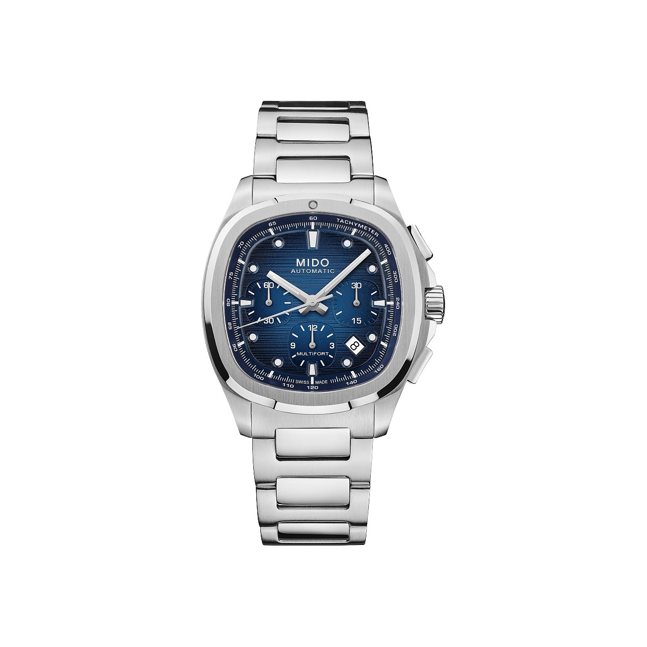 Mido Herrenuhr aus Edelstahl mit blauem Zifferblatt, drei Hilfszifferblättern und Datumsanzeige.