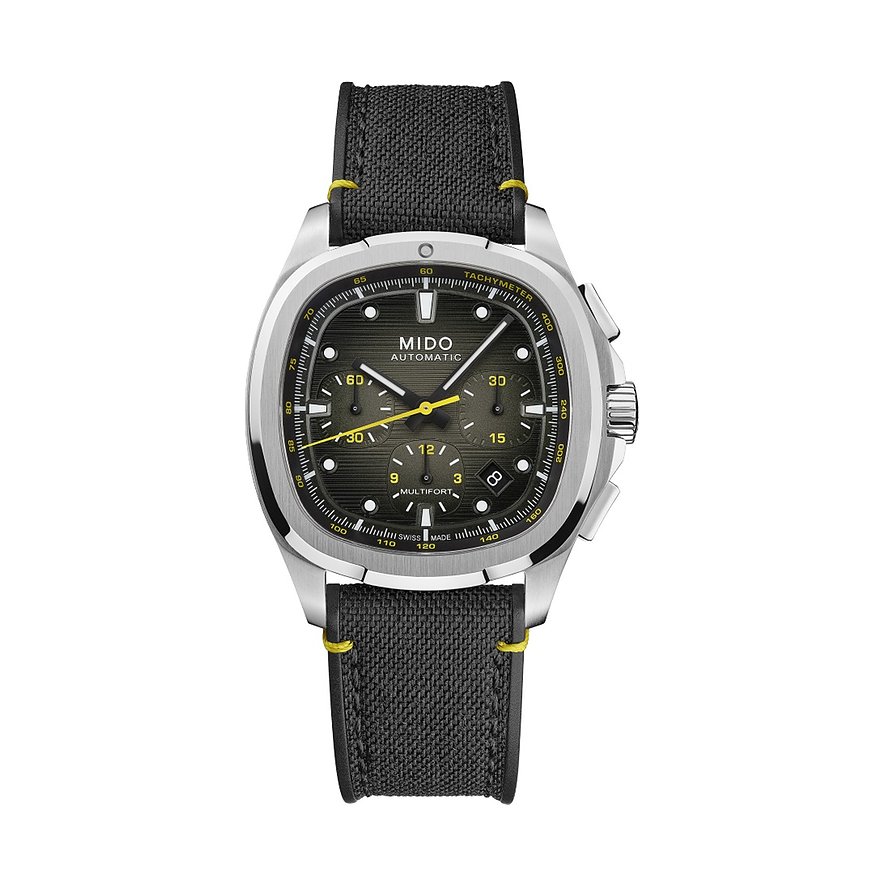 Mido Herrenuhr aus Edelstahl mit dunklem Zifferblatt, gelben Akzenten und schwarzem Textilarmband.