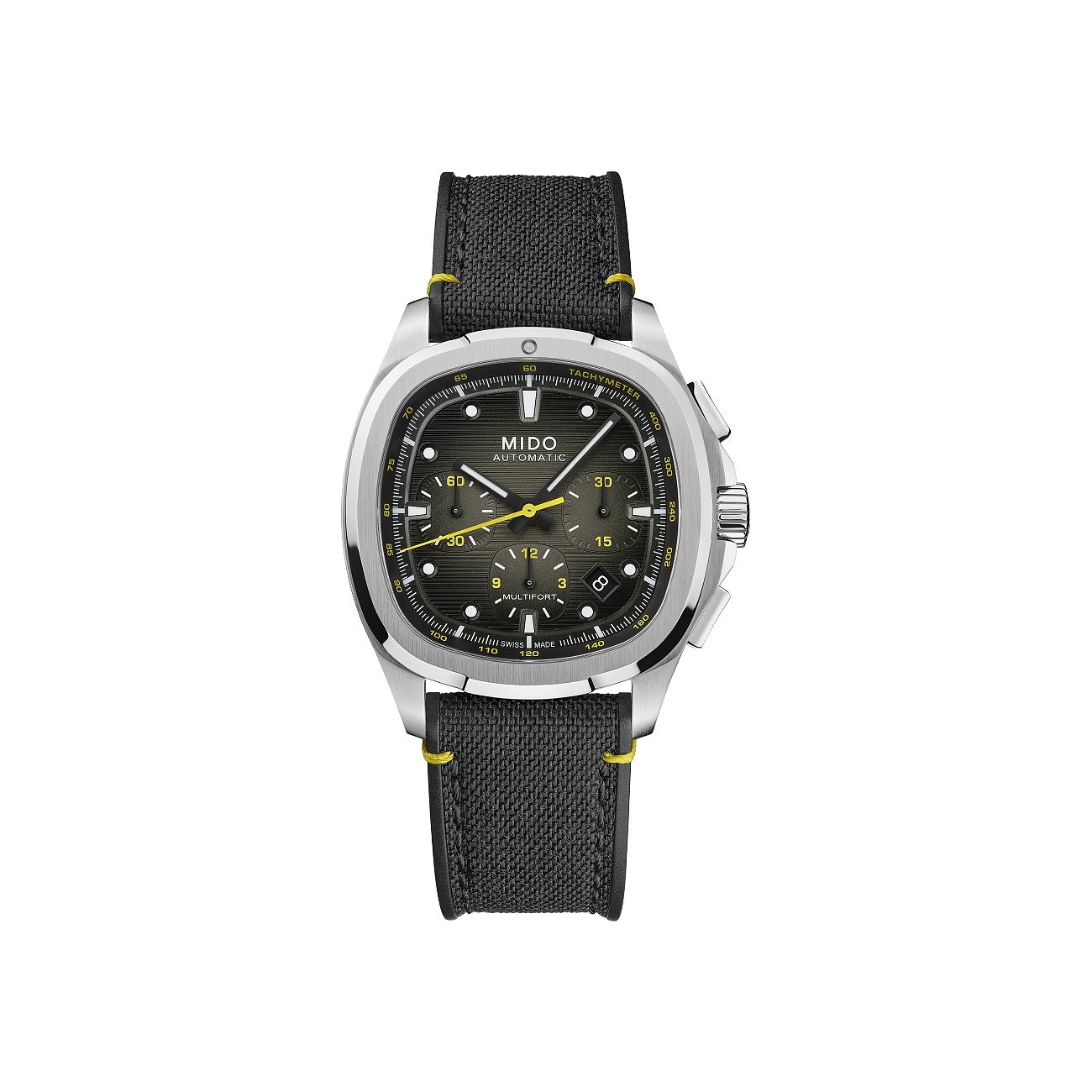 Mido Herrenuhr aus Edelstahl mit dunklem Zifferblatt, gelben Akzenten und schwarzem Textilarmband.