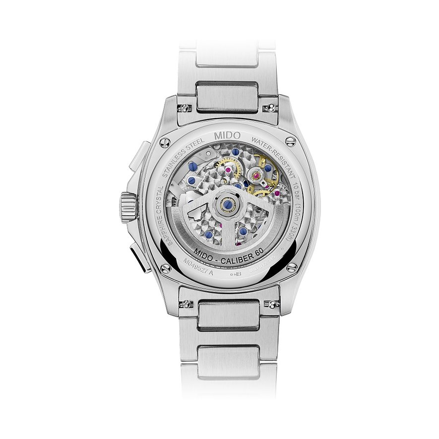 Rückansicht der Mido Herrenuhr aus silberfarbenem Edelstahl mit freiliegendem Uhrwerk und Gravuren.