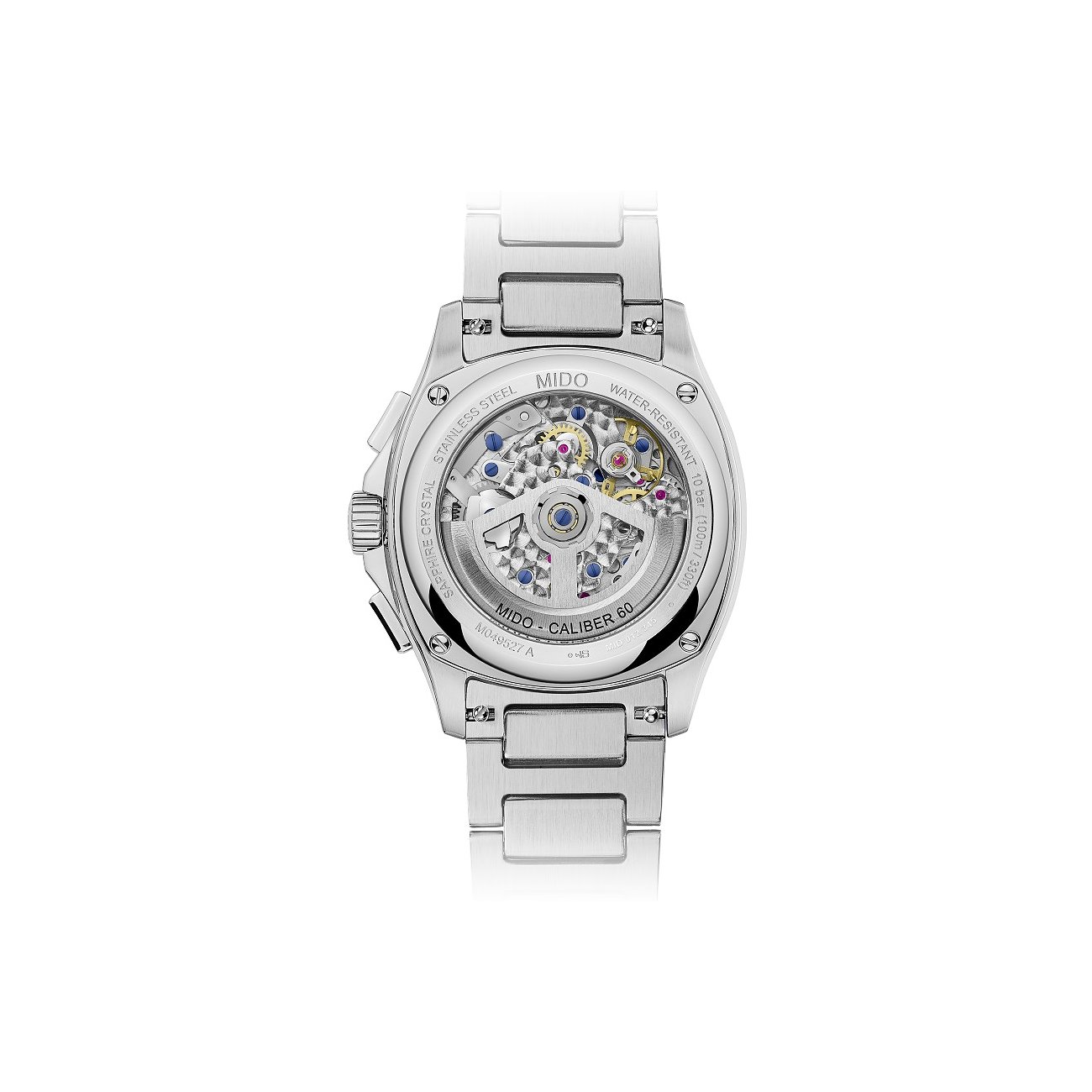 Rückansicht der Mido Herrenuhr aus silberfarbenem Edelstahl mit freiliegendem Uhrwerk und Gravuren.