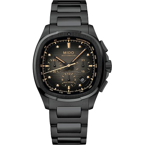 Mido Herrenuhr aus schwarzem Edelstahl von oben. Das Zifferblatt ist dunkelbraun mit goldenen Akzenten.