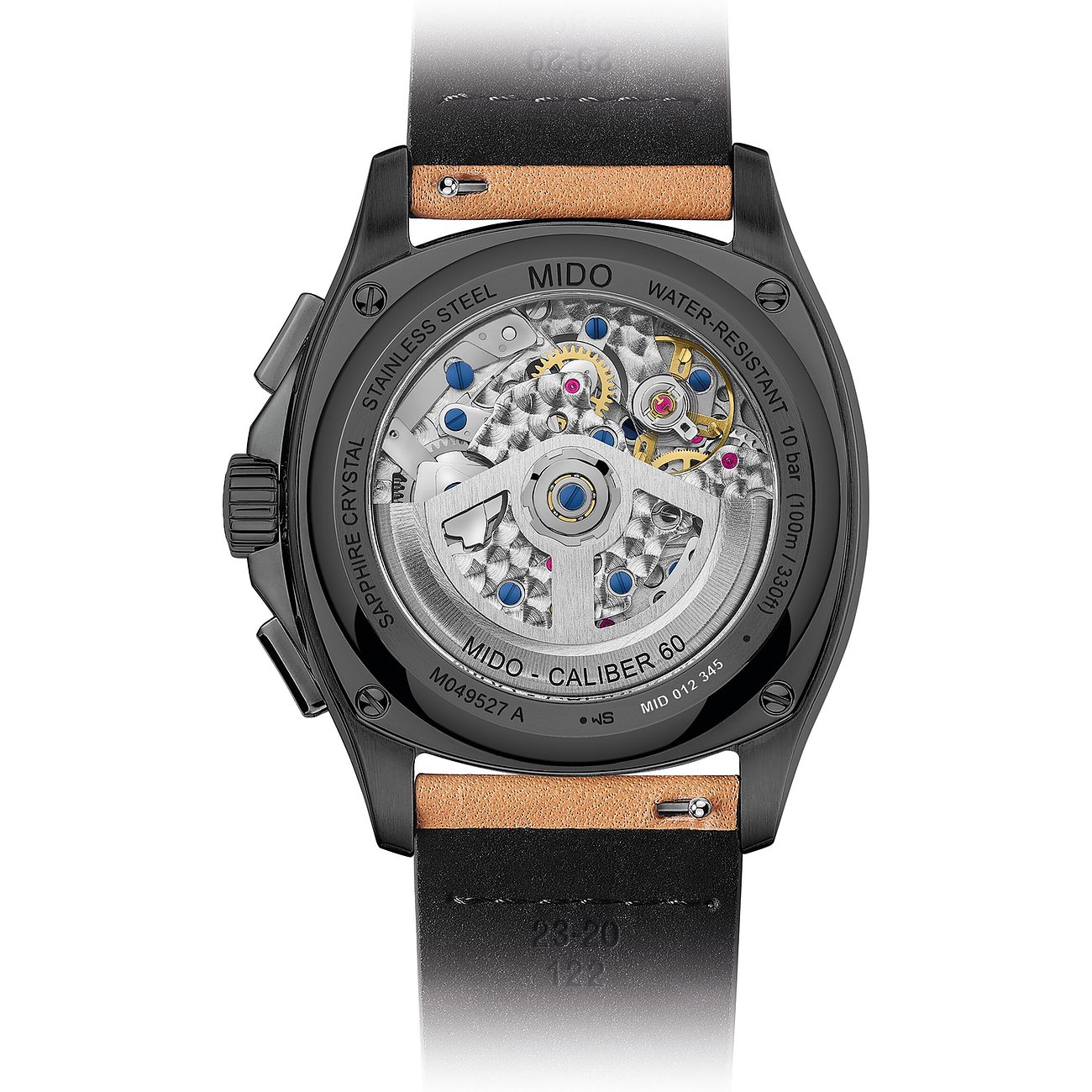 Die Rückseite einer Mido Herrenuhr aus Edelstahl zeigt das sichtbare Uhrwerk des Zeitmessers