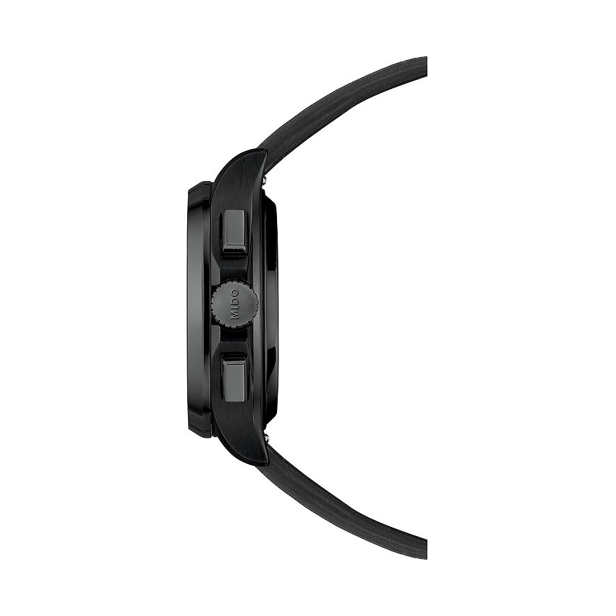 Seitenansicht der Mido Herrenuhr aus schwarzem Edelstahl mit Chronographen-Drückern und Krone mit Markenlogo.