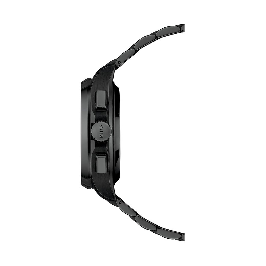 Seitenansicht der Mido Herrenuhr aus schwarzem Edelstahl mit Chronographen-Drückern und Krone.