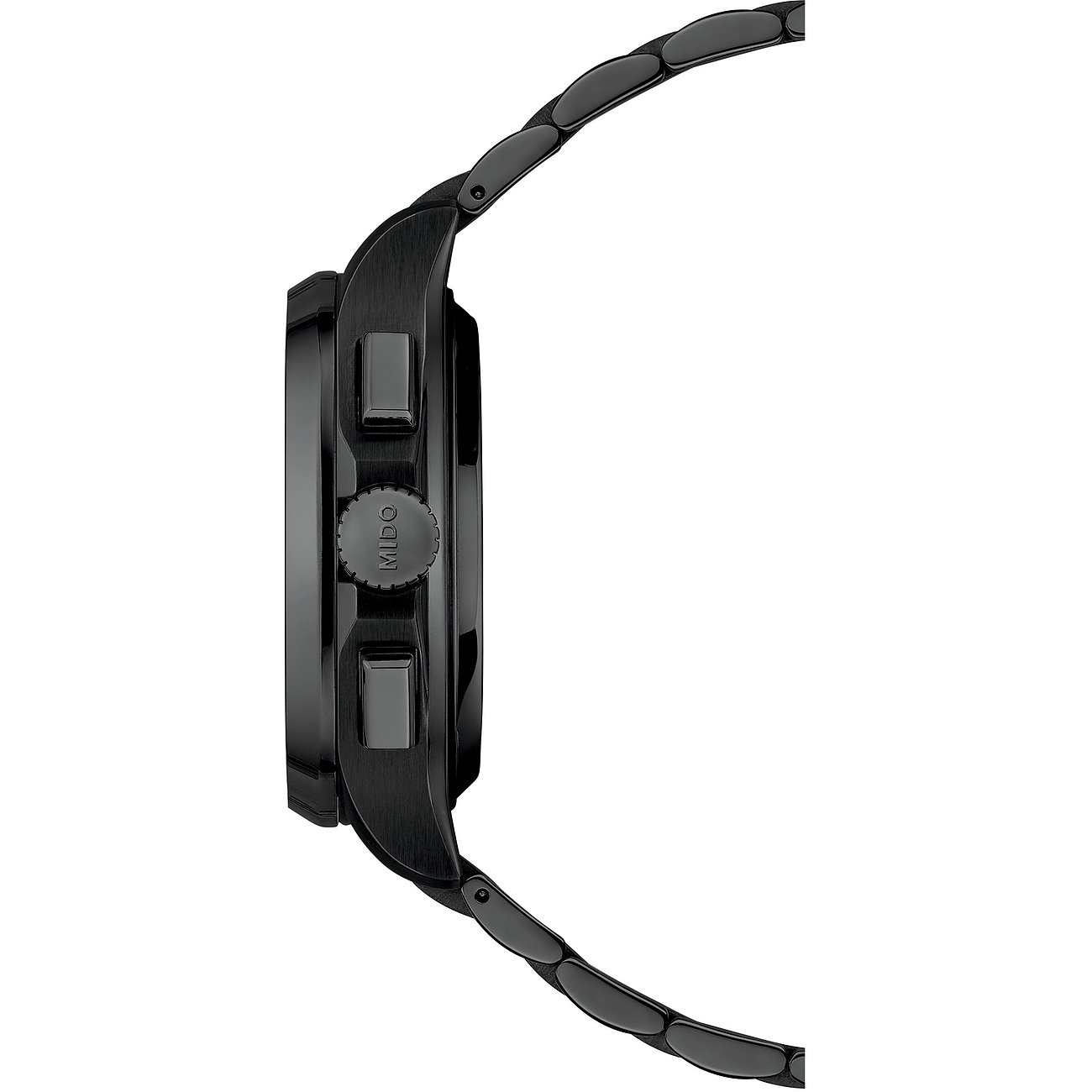 Seitenansicht der Mido Herrenuhr aus schwarzem Edelstahl mit Chronographen-Drückern und Krone.