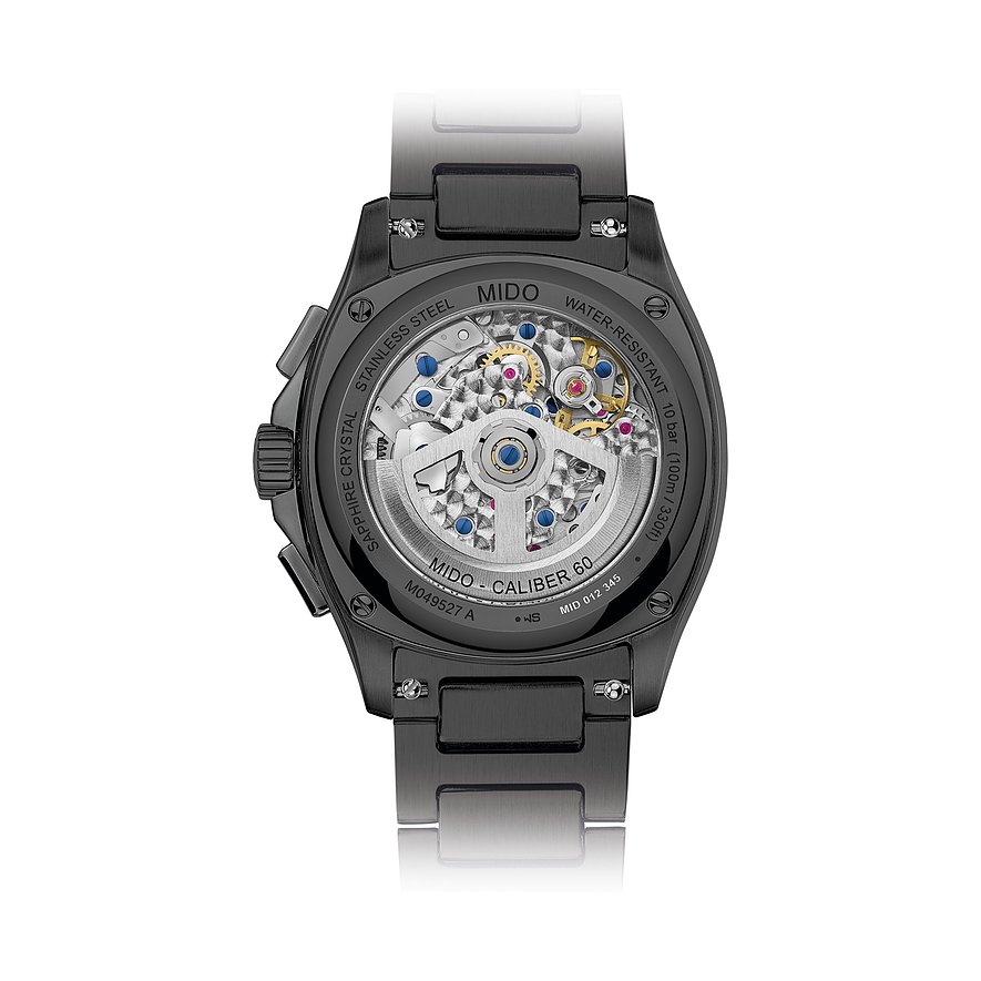 Rückansicht der Mido Herrenuhr aus blauem Edelstahl mit Einblick in das Uhrwerk und Gravuren.