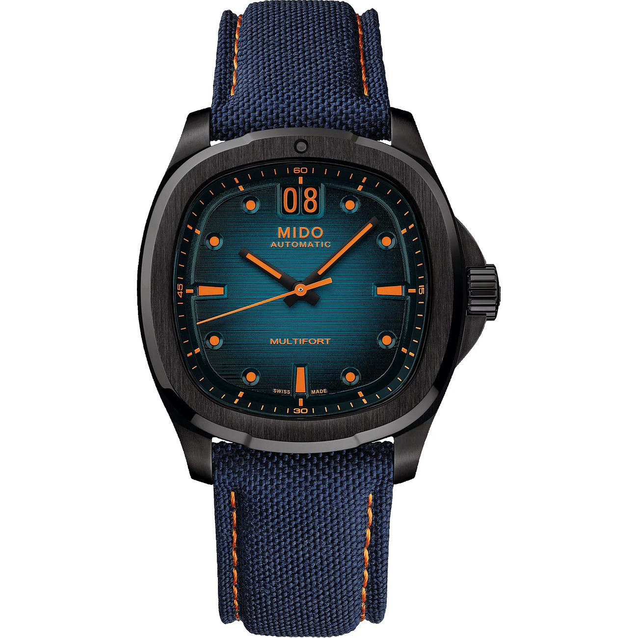 Mido Herrenuhr aus schwarzem Edelstahl mit blau-grünem Zifferblatt und blauem Textilarmband.