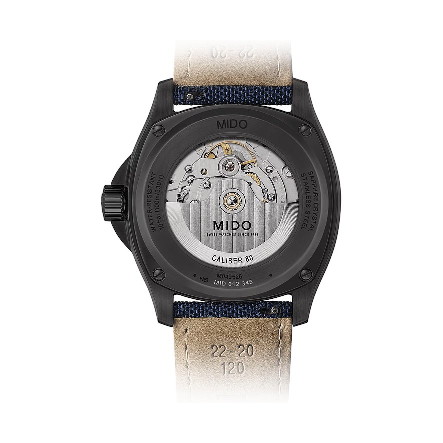 Rückseite einer Mido Herrenuhr aus schwarzem Edelstahl mit Lederarmband und sichtbarem Uhrwerk.