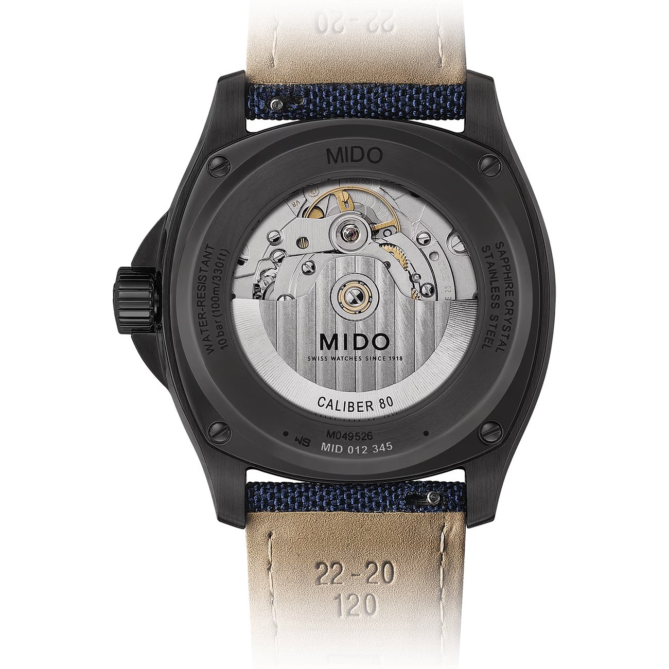 Rückseite einer Mido Herrenuhr aus schwarzem Edelstahl mit Lederarmband und sichtbarem Uhrwerk.