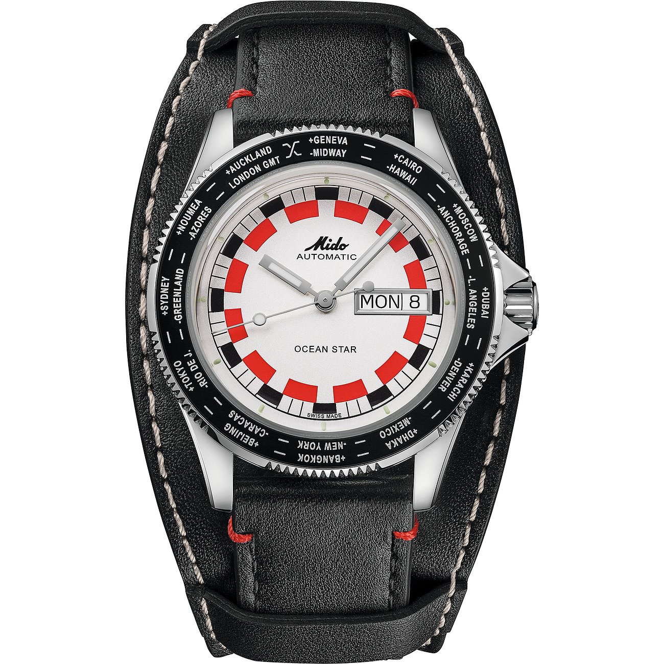 Mido Herrenuhr aus Edelstahl mit schwarzem Lederarmband und einem weißen Zifferblatt mit roten und schwarzen Akzenten.