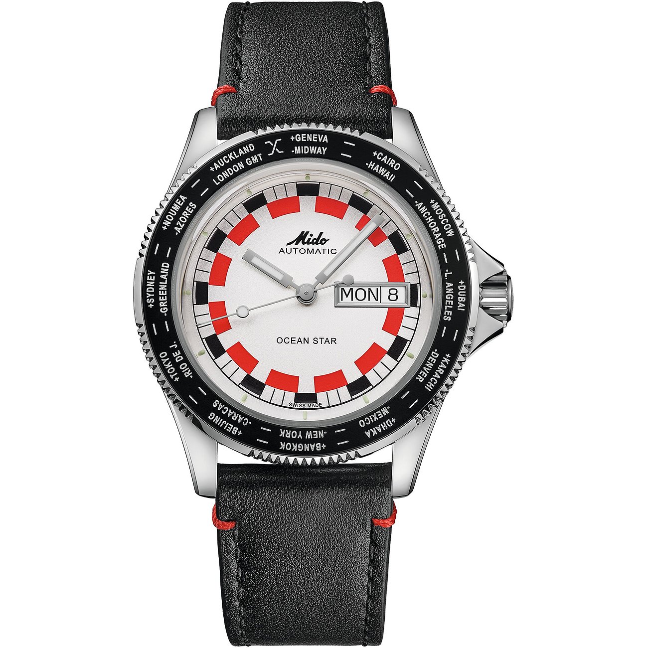 Mido Herrenuhr aus Edelstahl mit schwarzem Lederarmband und weißem Zifferblatt mit roten und schwarzen Akzenten.