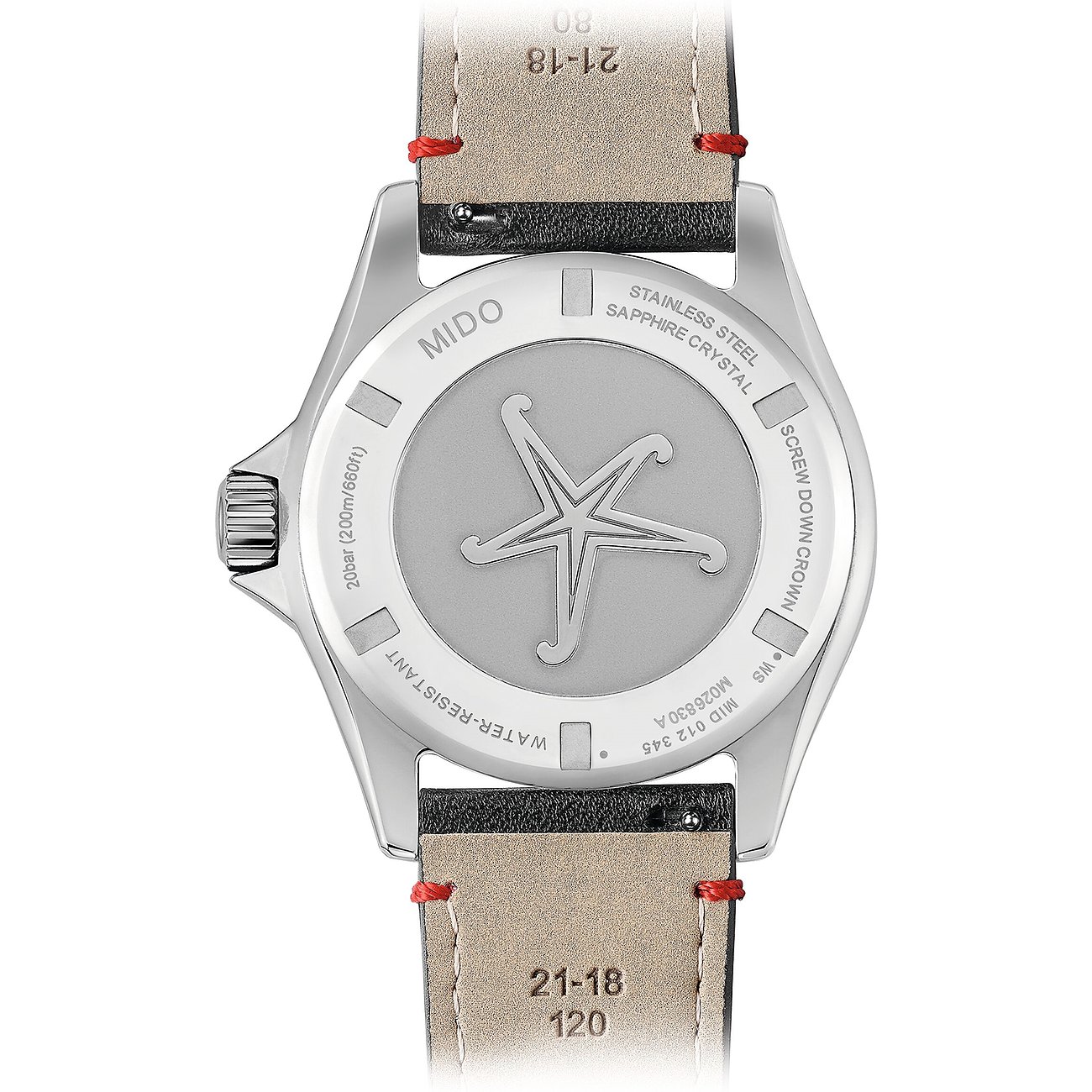Die Rückseite einer Mido Herrenuhr aus silberfarbenem Edelstahl mit eingraviertem Seestern-Motiv.