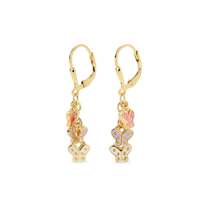FAVS Ohrschmuck aus vergoldetem Silber mit detaillierten Schmetterlingen aus farbigem Emaille, die an Ketten hängen.