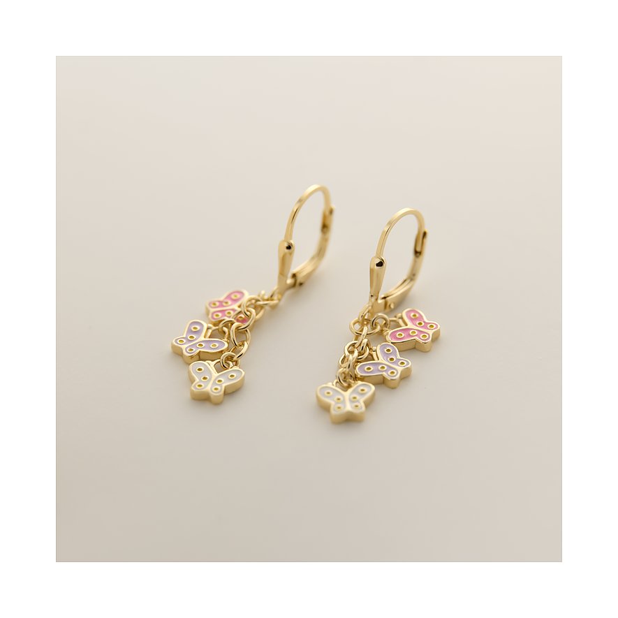 FAVS Ohrschmuck aus vergoldetem Silber mit bunten Emaille-Schmetterlingen an Ketten in Nahaufnahme.