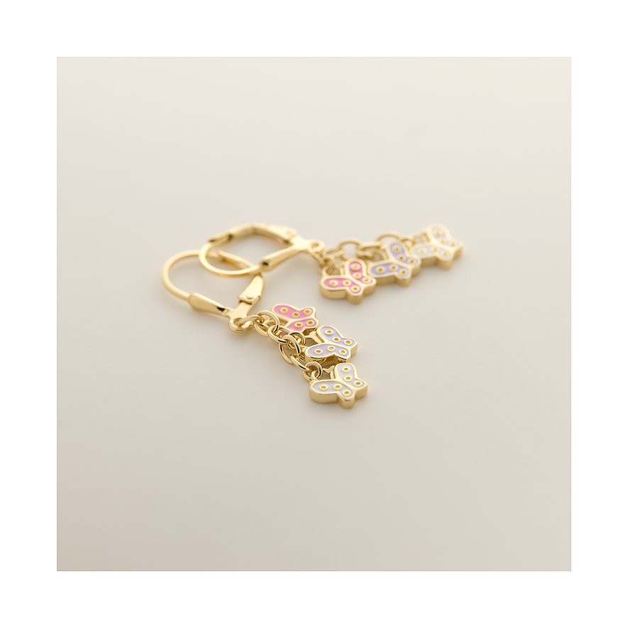 FAVS 925er Silber Ohrschmuck mit goldfarbener Legierung und mehreren Schmetterlingen aus bunter Emaille.