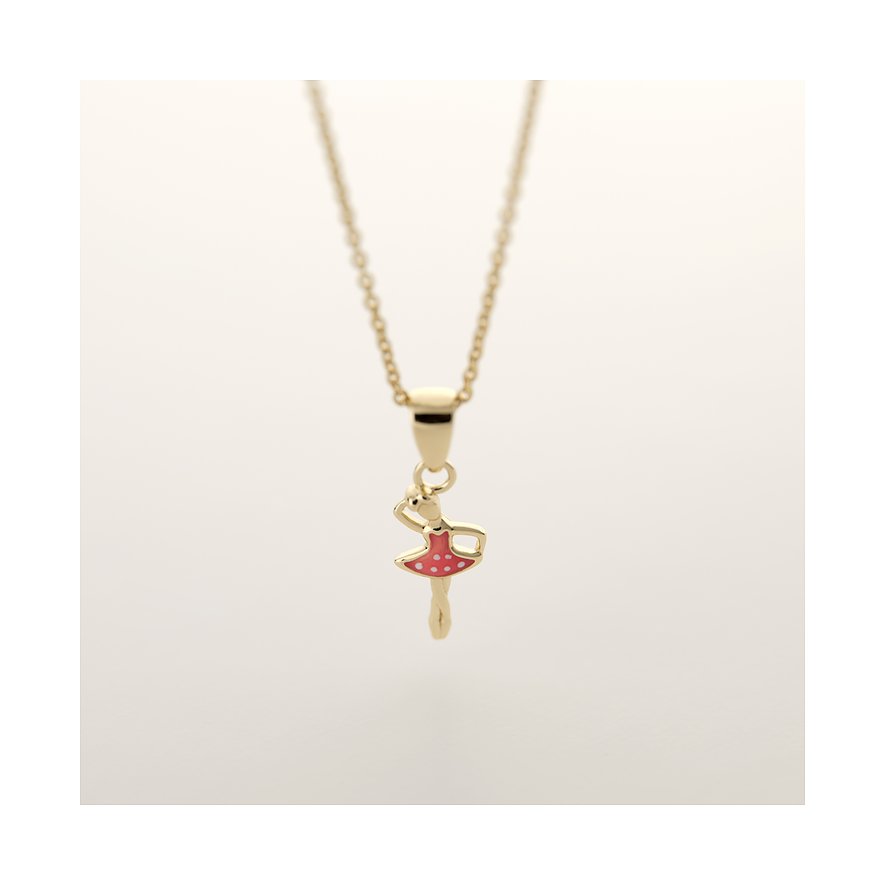 FAVS Halsschmuck: Eine goldene Halskette mit einem kleinen Ballerinaanhänger aus Gold und pinker Emaille.