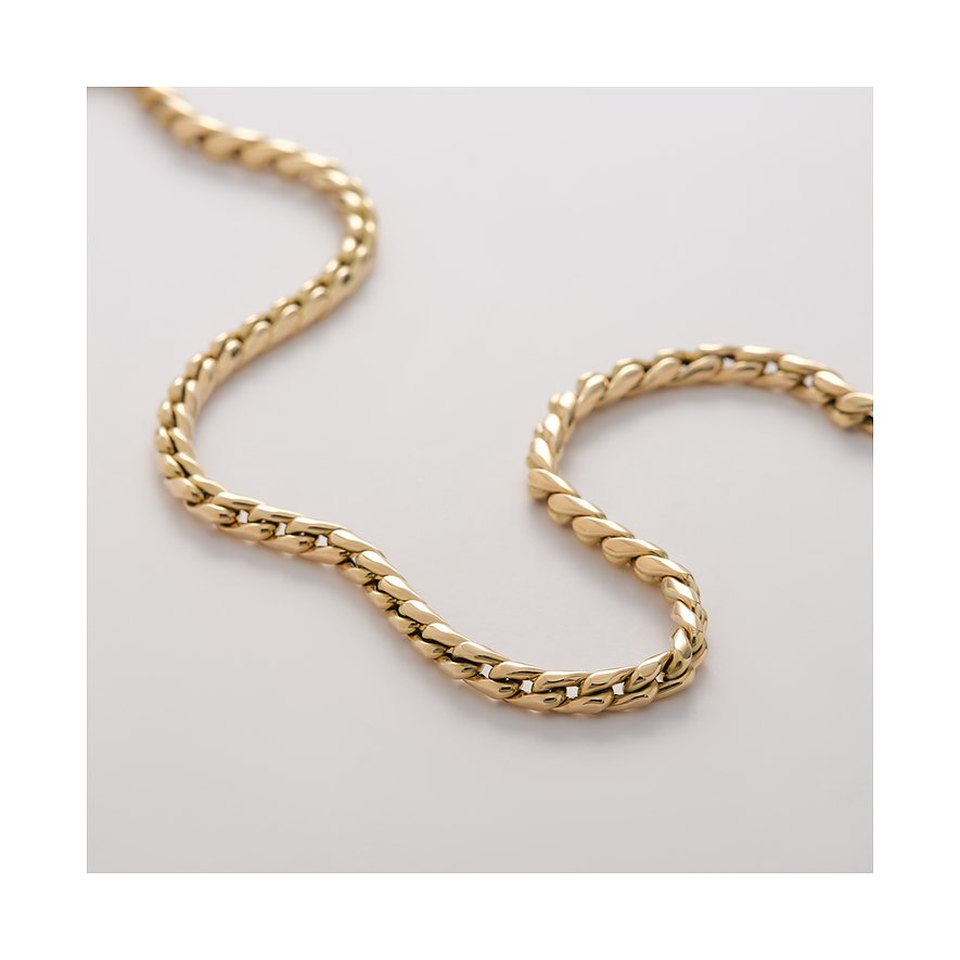 Detailaufnahme einer CHRIST Halskette aus glänzendem 585er Gelbgold mit ineinandergreifenden, flachen Gliedern.