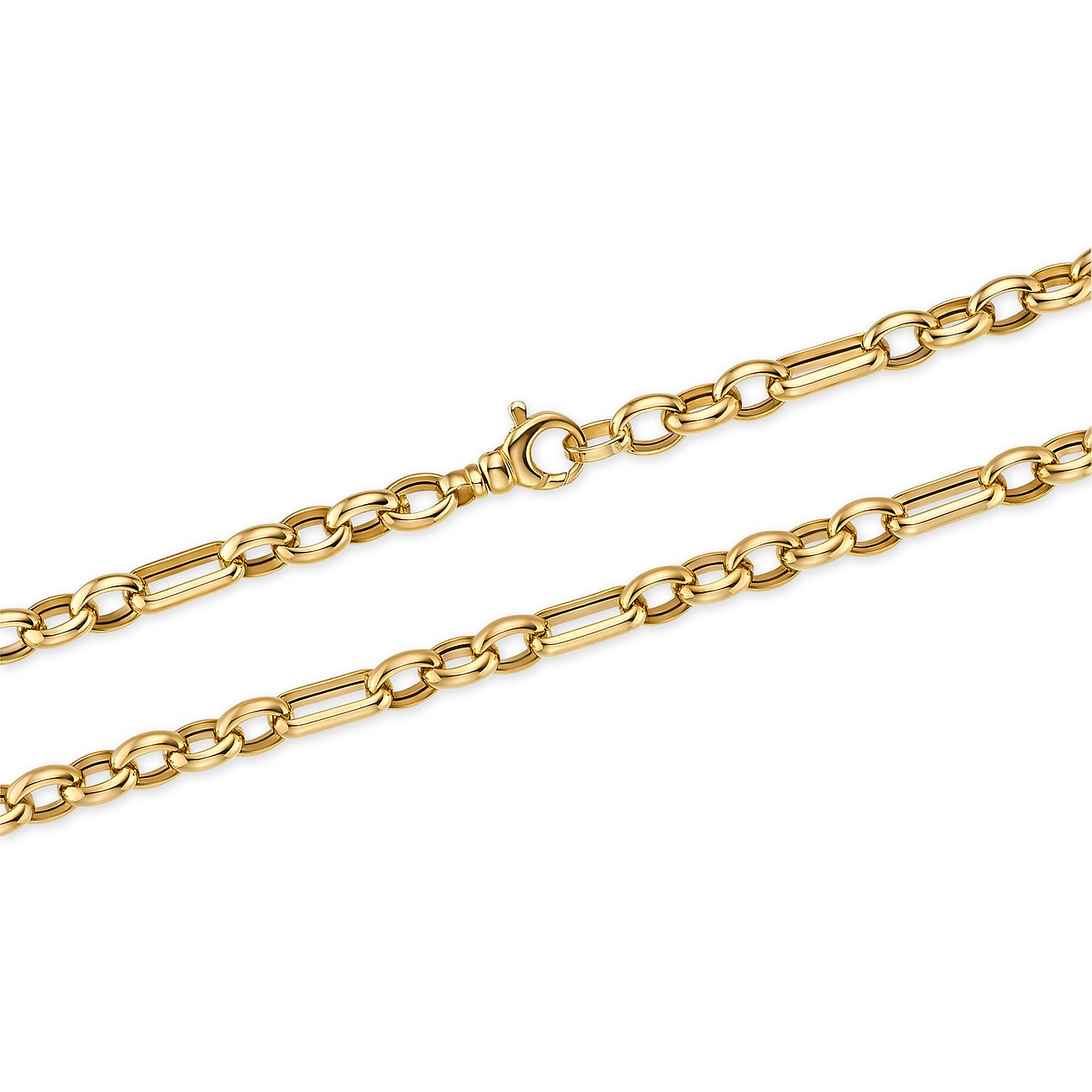 Nahaufnahme einer CHRIST Halskette aus 585 Gelbgold mit ovalen und länglichen Gliedern und einem Karabinerverschluss.