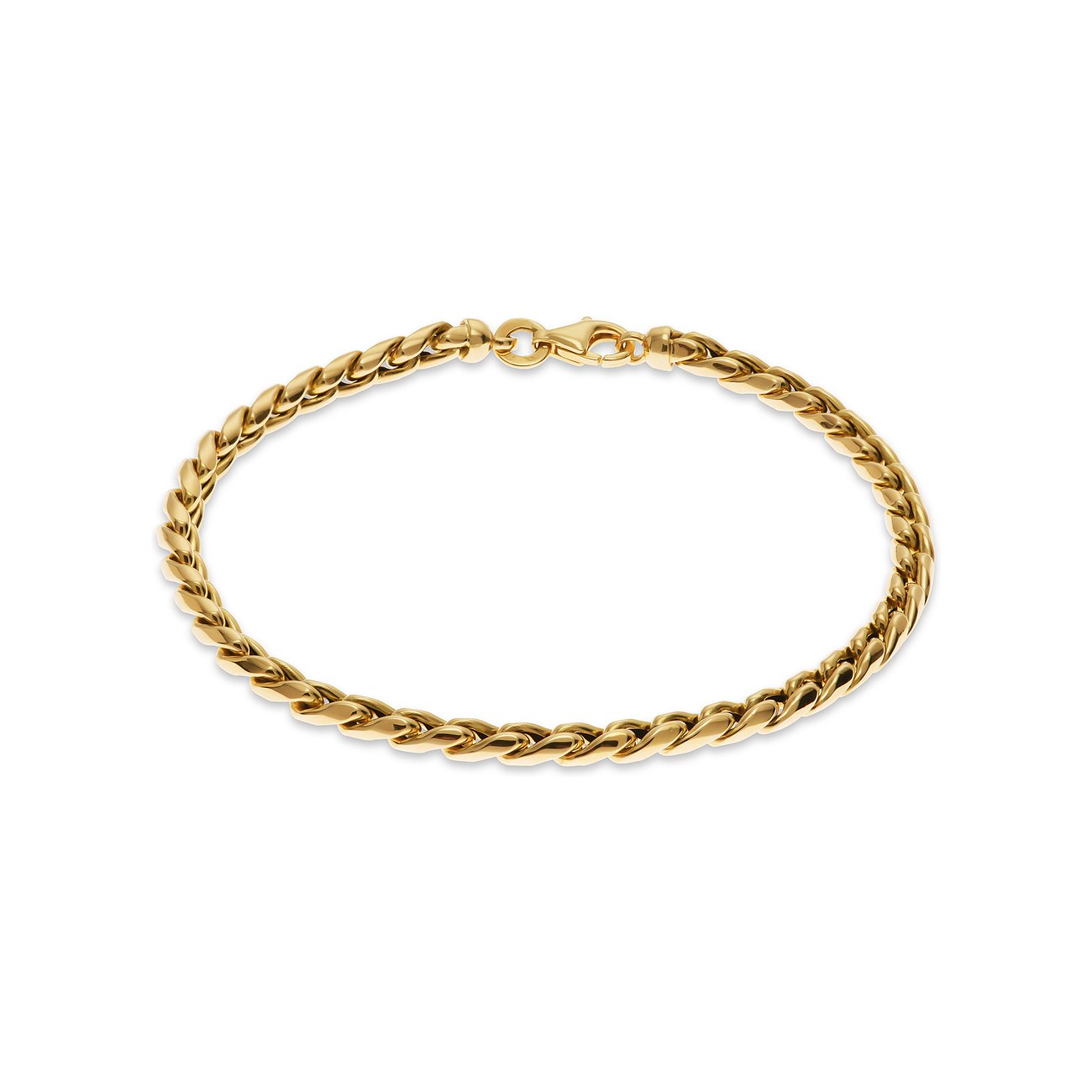CHRIST Armschmuck aus 585er Gelbgold, eine glänzende Kette mit Karabinerverschluss, von oben aufgenommen.