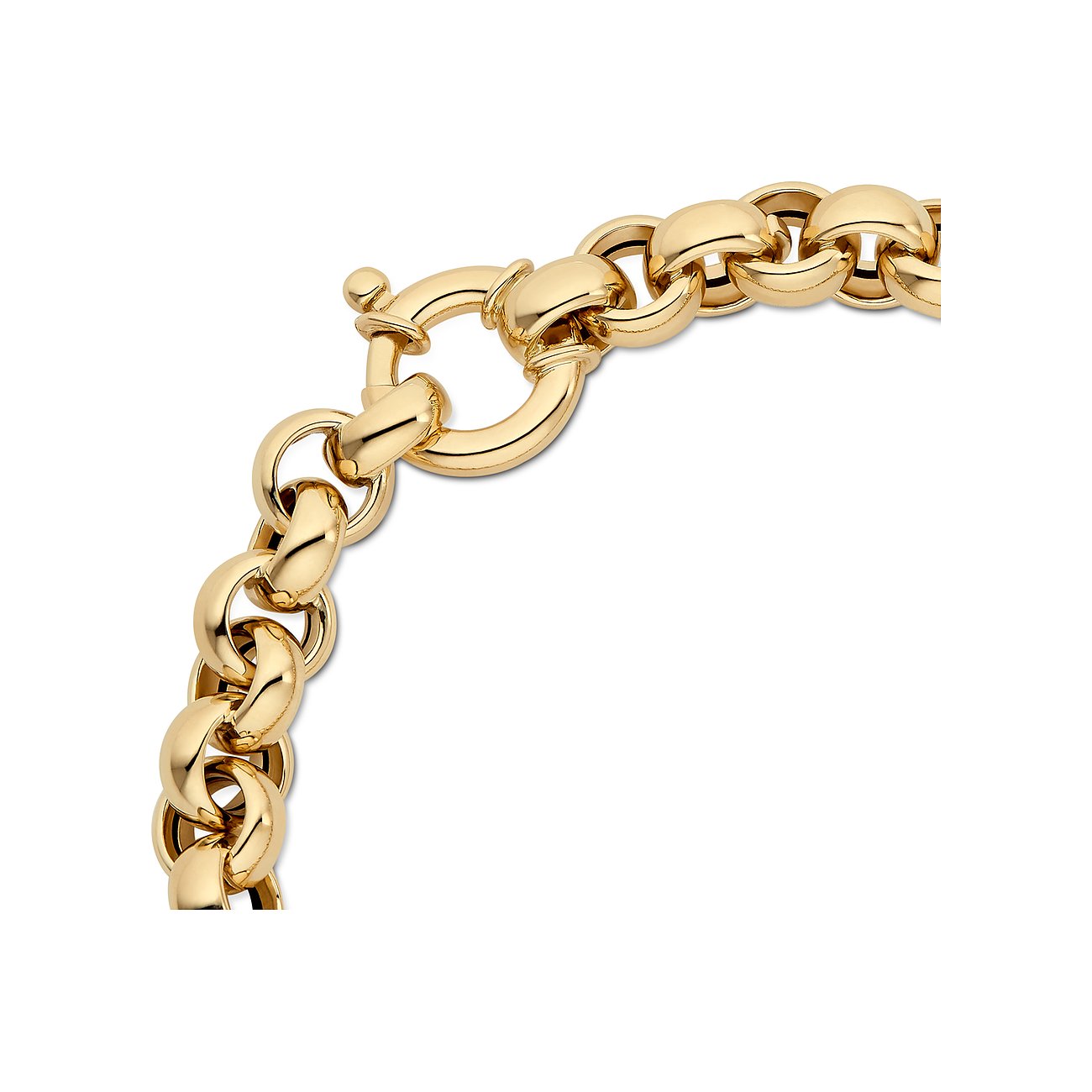 CHRIST 585 geelgouden armband met schakelketting en knevelsluiting, close-up zijaanzicht.
