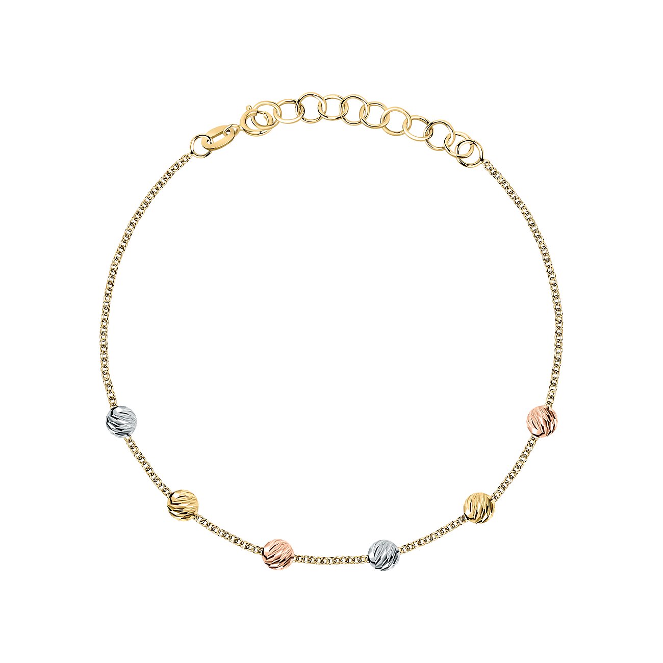CHRIST Armband aus 585 Gelb-, Weiß- und Roségold mit fünf strukturierten Kugeln in dreifarbigem Design.
