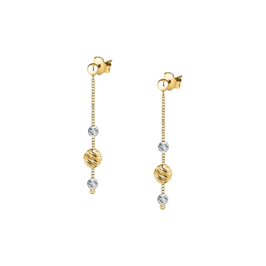 CHRIST Ohrschmuck aus Gelb- und Weißgold 585 mit hängenden Ketten und drei kugelförmigen, strukturierten Perlen.
