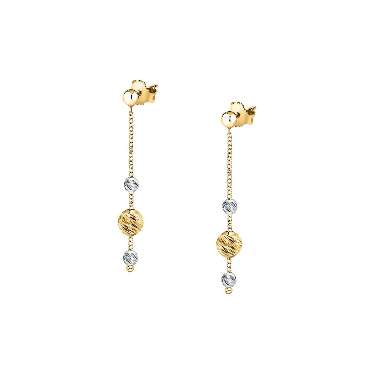 CHRIST Ohrschmuck aus Gelb- und Weißgold 585 mit hängenden Ketten und drei kugelförmigen, strukturierten Perlen.