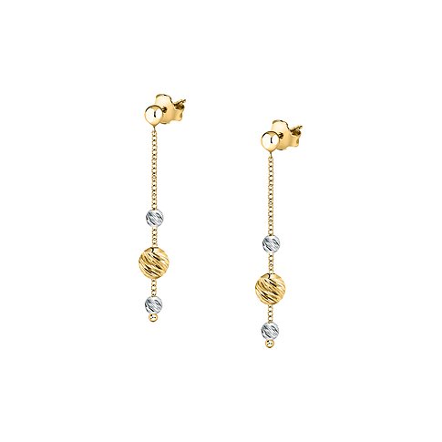 CHRIST Ohrschmuck aus Gelb- und Weißgold 585 mit hängenden Ketten und drei kugelförmigen, strukturierten Perlen.