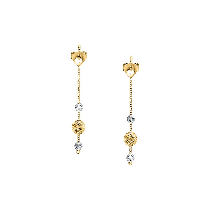 CHRIST Ohrschmuck aus Gelb- und Weißgold, bestehend aus zwei Ohrsteckern mit hängenden, dekorativ strukturierten Kugeln.