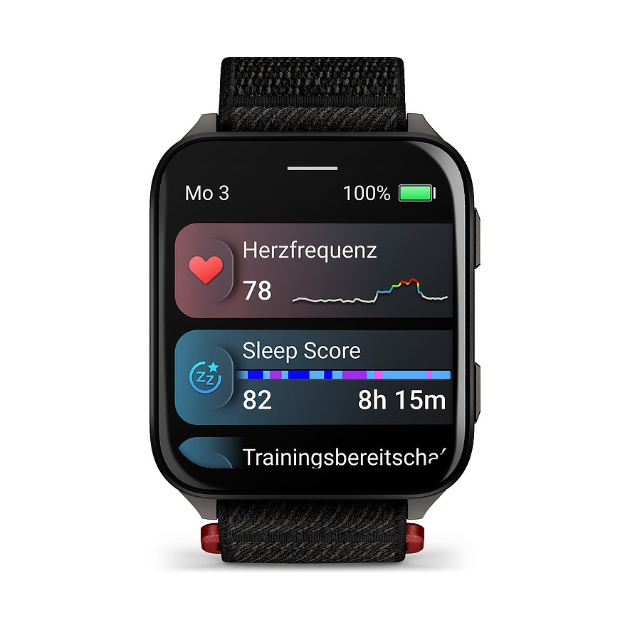 Eine schwarze Garmin Smartwatch aus Kunststoff und Metall zeigt auf dem Display Herzfrequenz und Schlaf-Score an.