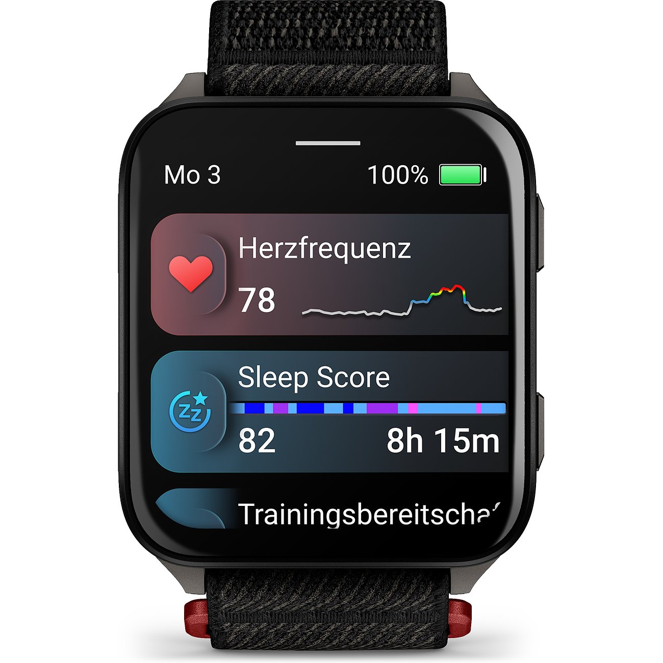 Eine schwarze Garmin Smartwatch aus Kunststoff und Metall zeigt auf dem Display Herzfrequenz und Schlaf-Score an.