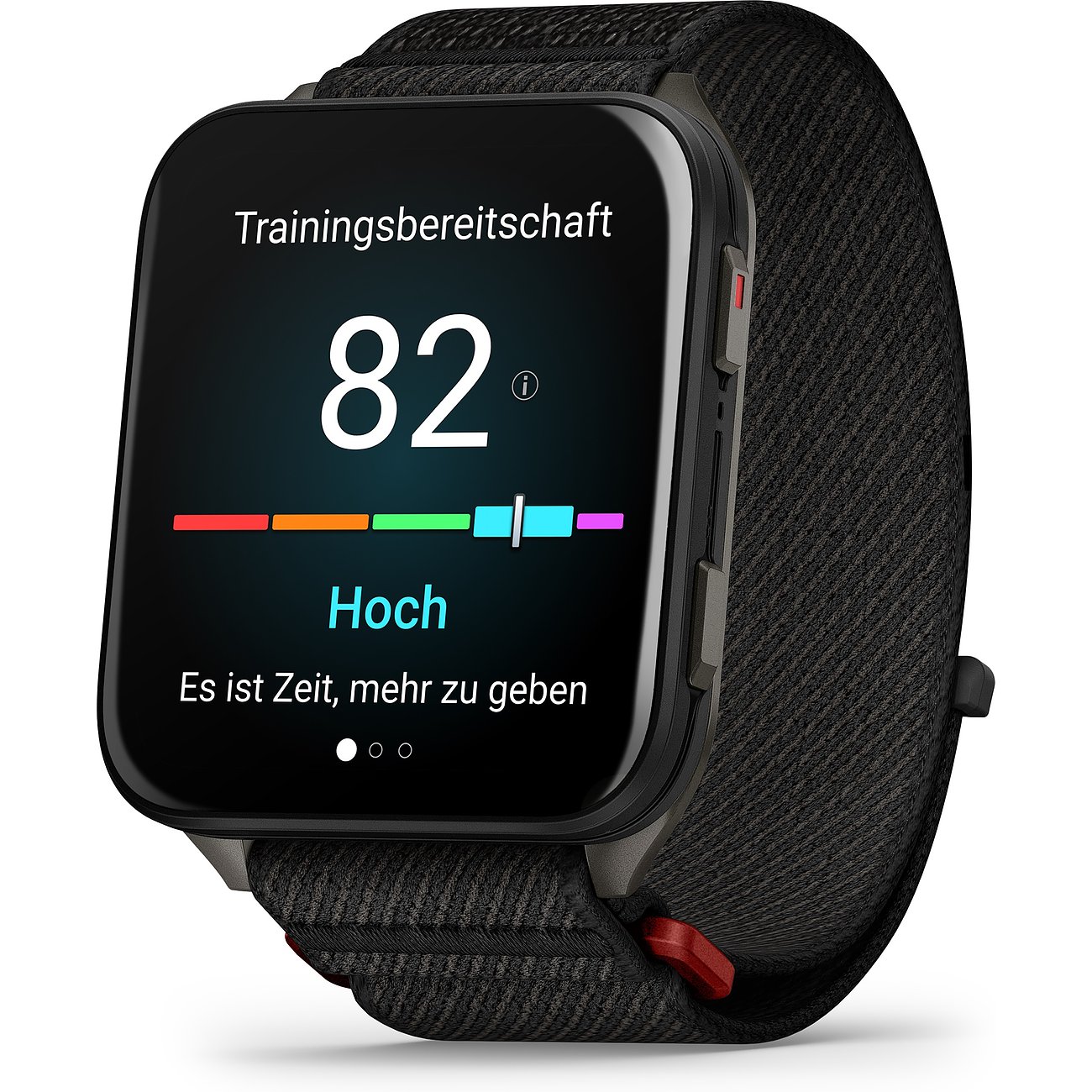 Schwarze Garmin Smartwatch aus Kunststoff und Metall mit Textilarmband zeigt 