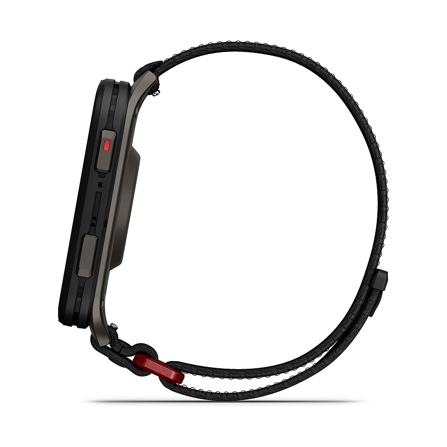 Seitenansicht der Garmin Smartwatch mit schwarzem Kunststoffgehäuse und schwarzem Armband.