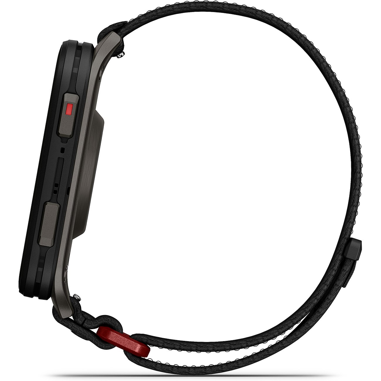 Seitenansicht der Garmin Smartwatch mit schwarzem Kunststoffgehäuse und schwarzem Armband.