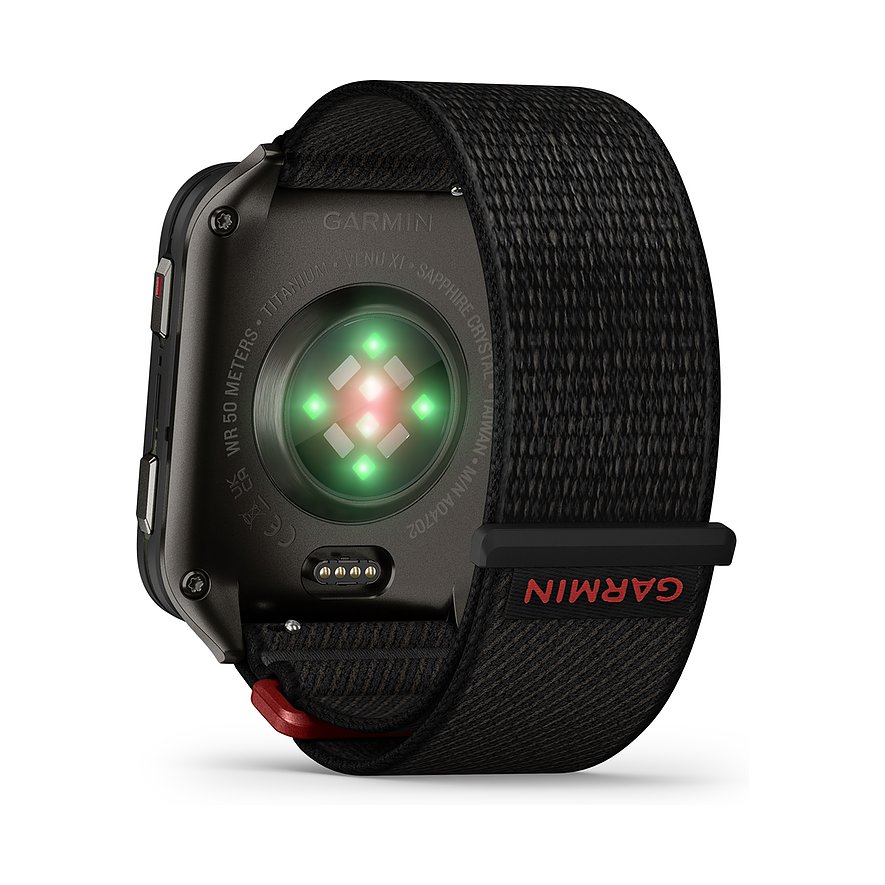 Rückansicht der Garmin Smartwatch aus Kunststoff und Metall mit beleuchteten Sensoren und schwarzem Armband.