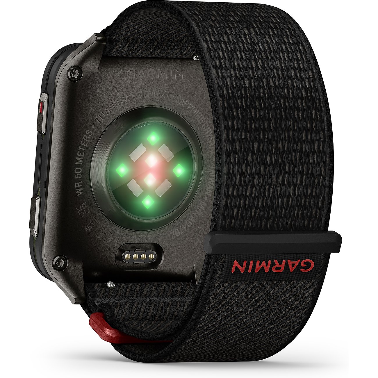 Rückansicht der Garmin Smartwatch aus Kunststoff und Metall mit beleuchteten Sensoren und schwarzem Armband.