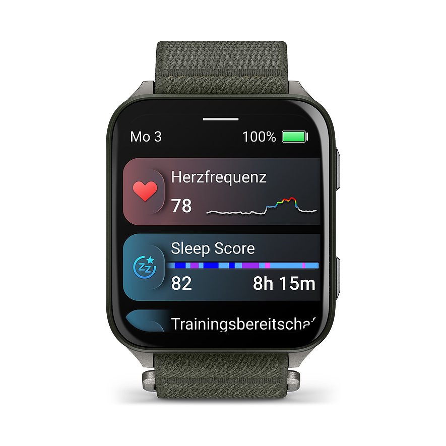 Die Garmin Smartwatch aus Kunststoff und Metall zeigt auf dem Display Herzfrequenz und Schlaf-Score an.
