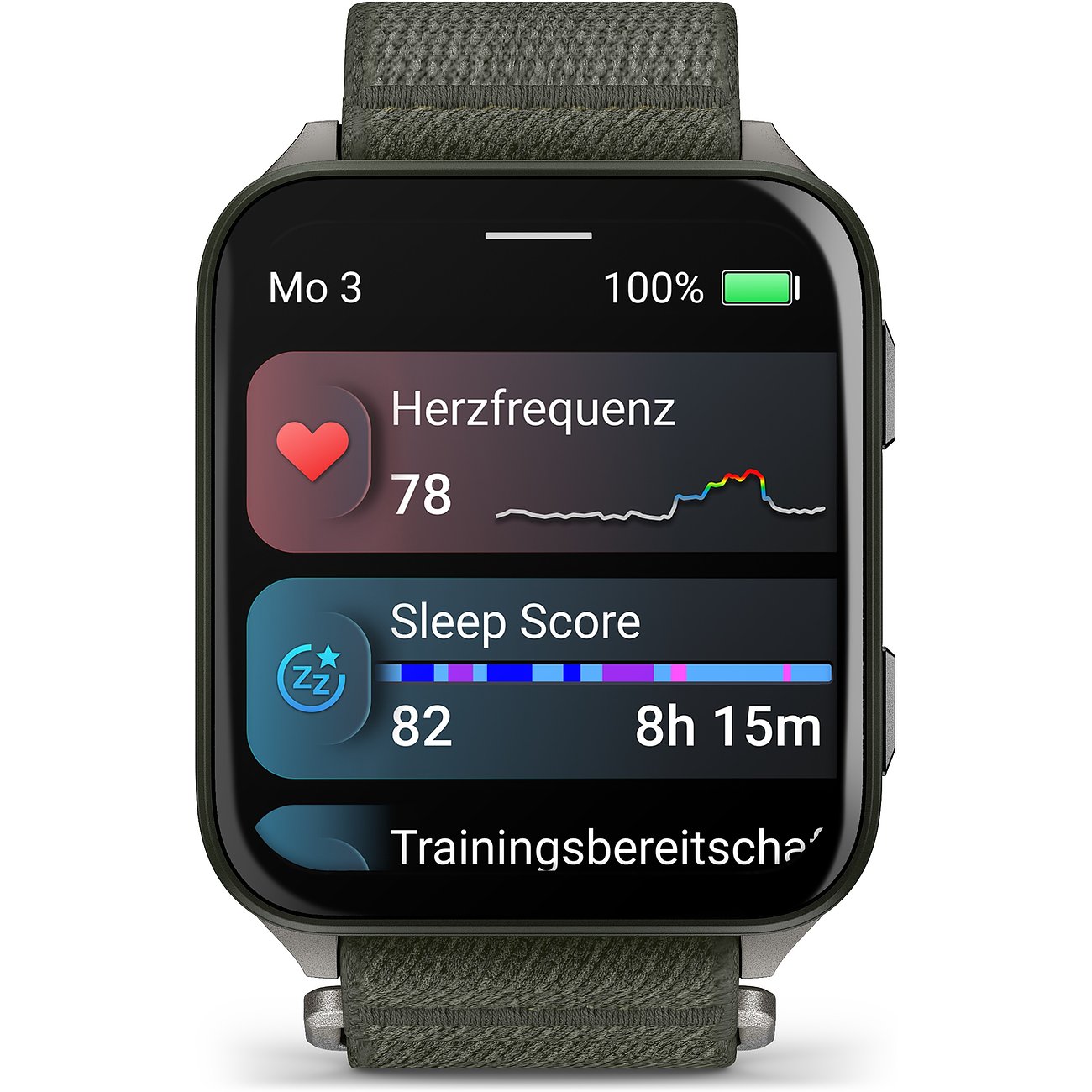Die Garmin Smartwatch aus Kunststoff und Metall zeigt auf dem Display Herzfrequenz und Schlaf-Score an.