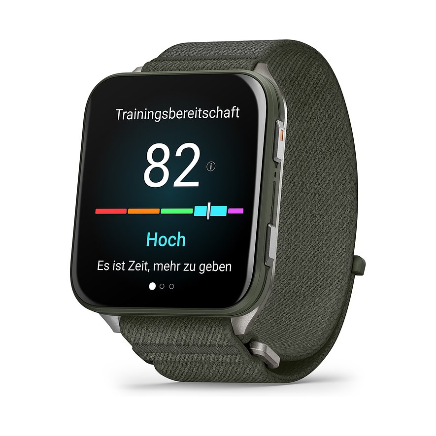 Eine grüne Garmin Smartwatch aus Kunststoff und Metall zeigt auf dem Display
