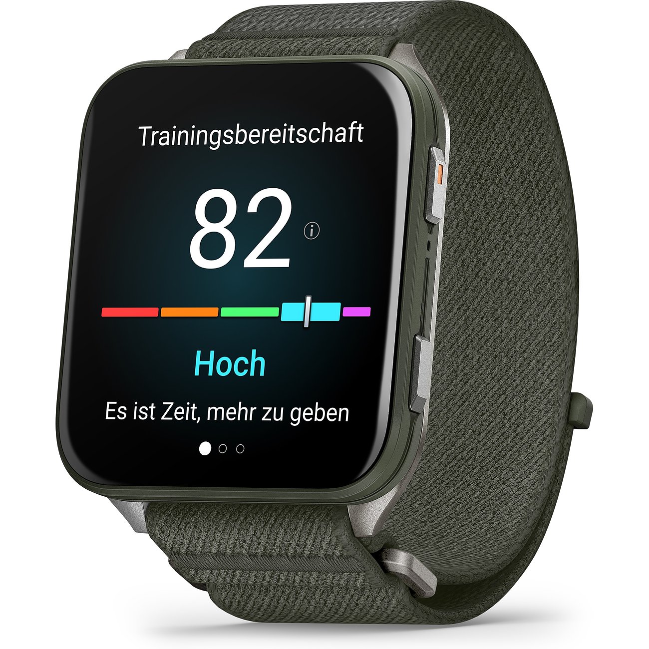 Eine grüne Garmin Smartwatch aus Kunststoff und Metall zeigt auf dem Display