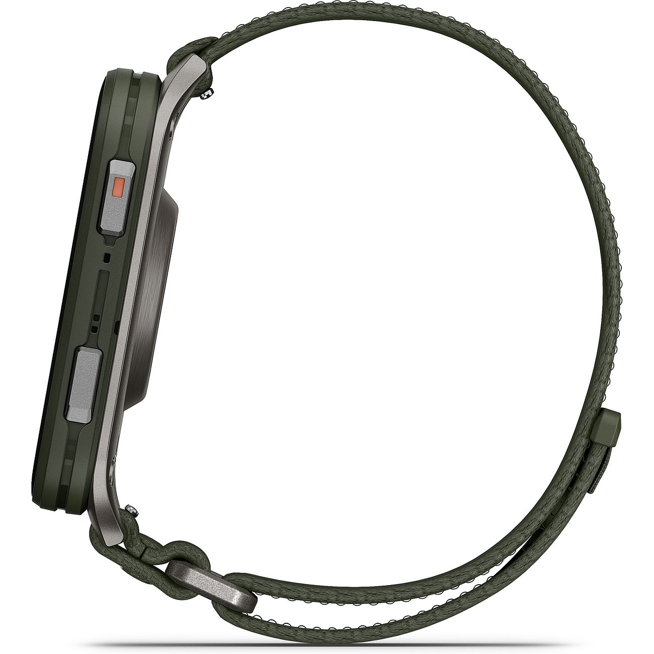 Seitenansicht der Garmin Smartwatch aus Kunststoff und Metall mit dunkelgrünem Armband.